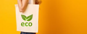 A person is carrying an eco-friendly fabric shopping bag with a green leaf logo stating 'eco'. The person is standing behind a bright solid orange background. This is symbolic to focus on being green.