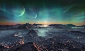 A dark Sci-fi landscape of mountains on an unknown world with two moons on a night horizon symbolises brave new worlds.