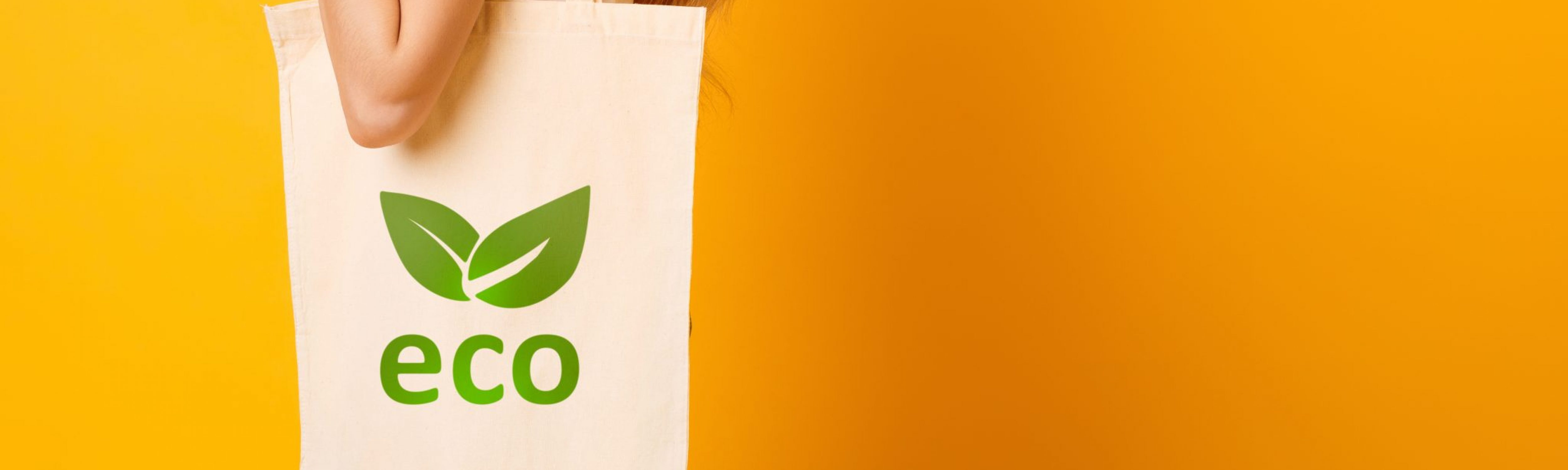 A person is carrying an eco-friendly fabric shopping bag with a green leaf logo stating 'eco'. The person is standing behind a bright solid orange background. This is symbolic to focus on being green.