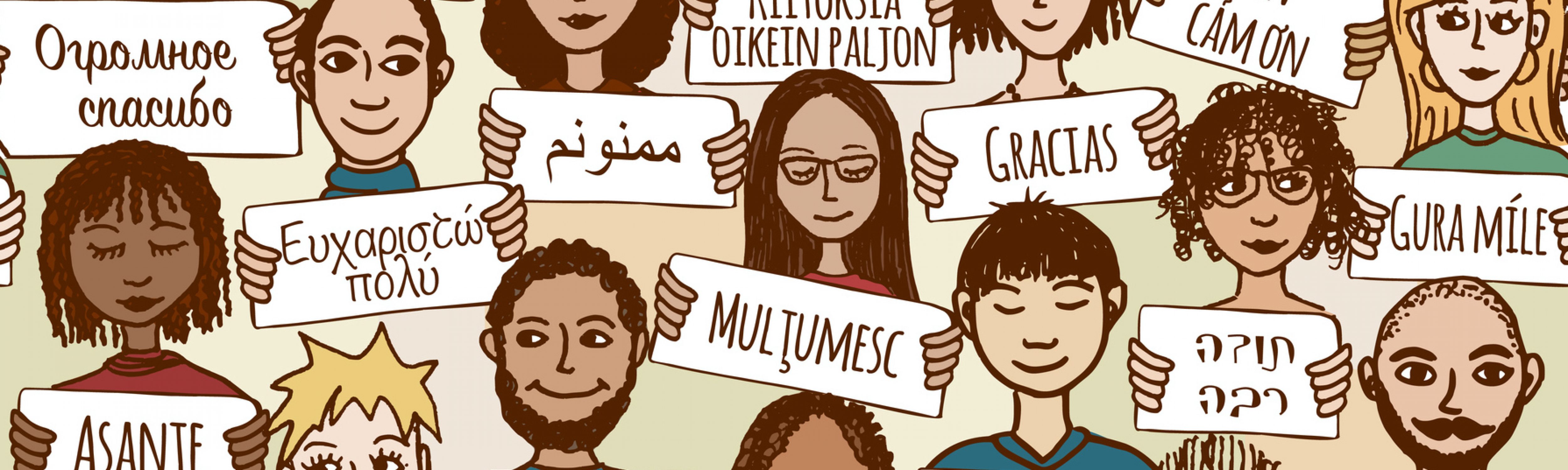 Seamless pattern of a group of hand drawn people holding "thank you" signs in different languages