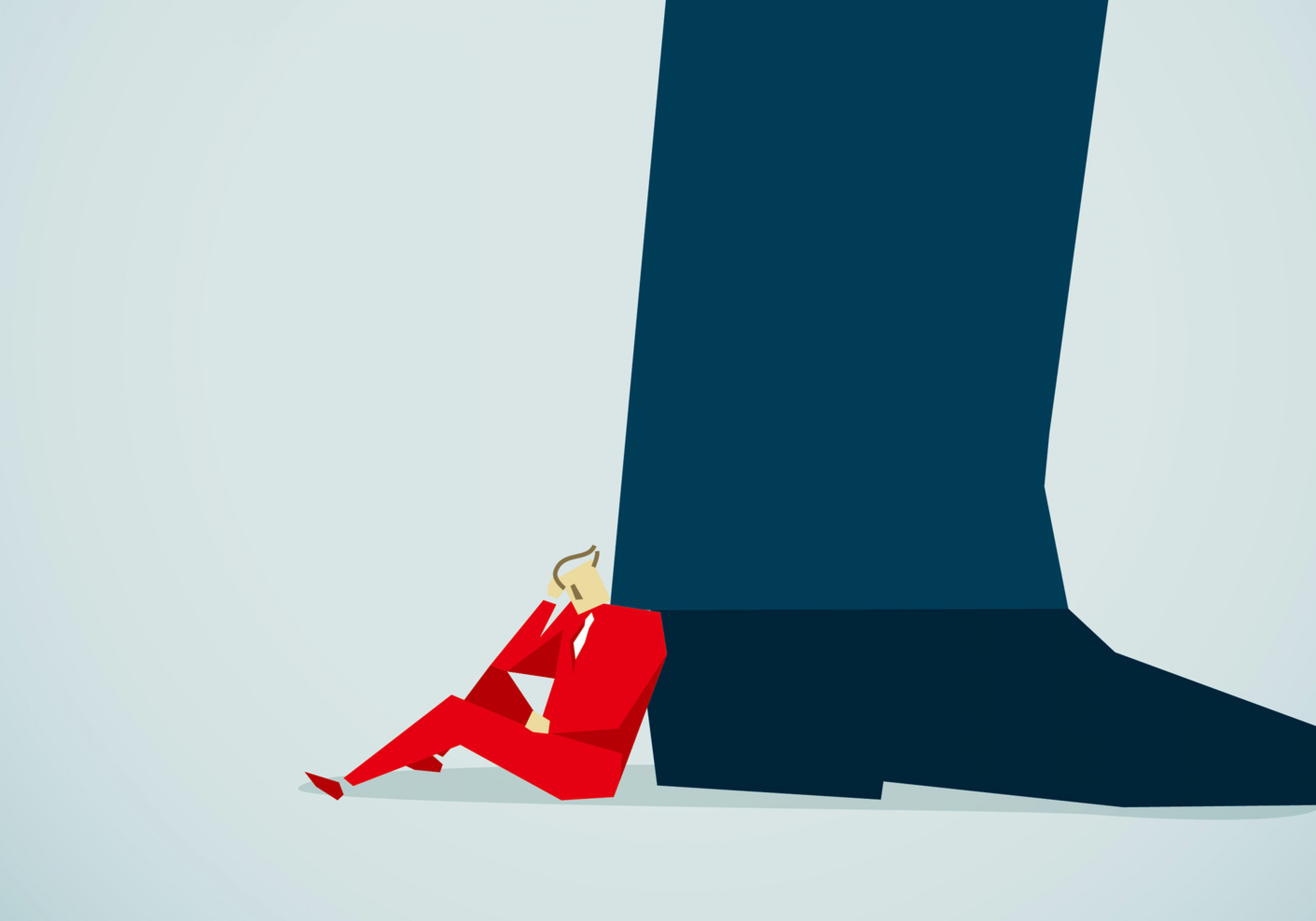 A red businessperson leaning on a giant heel. Business Impact article image for only ethical leaders can study power safely.