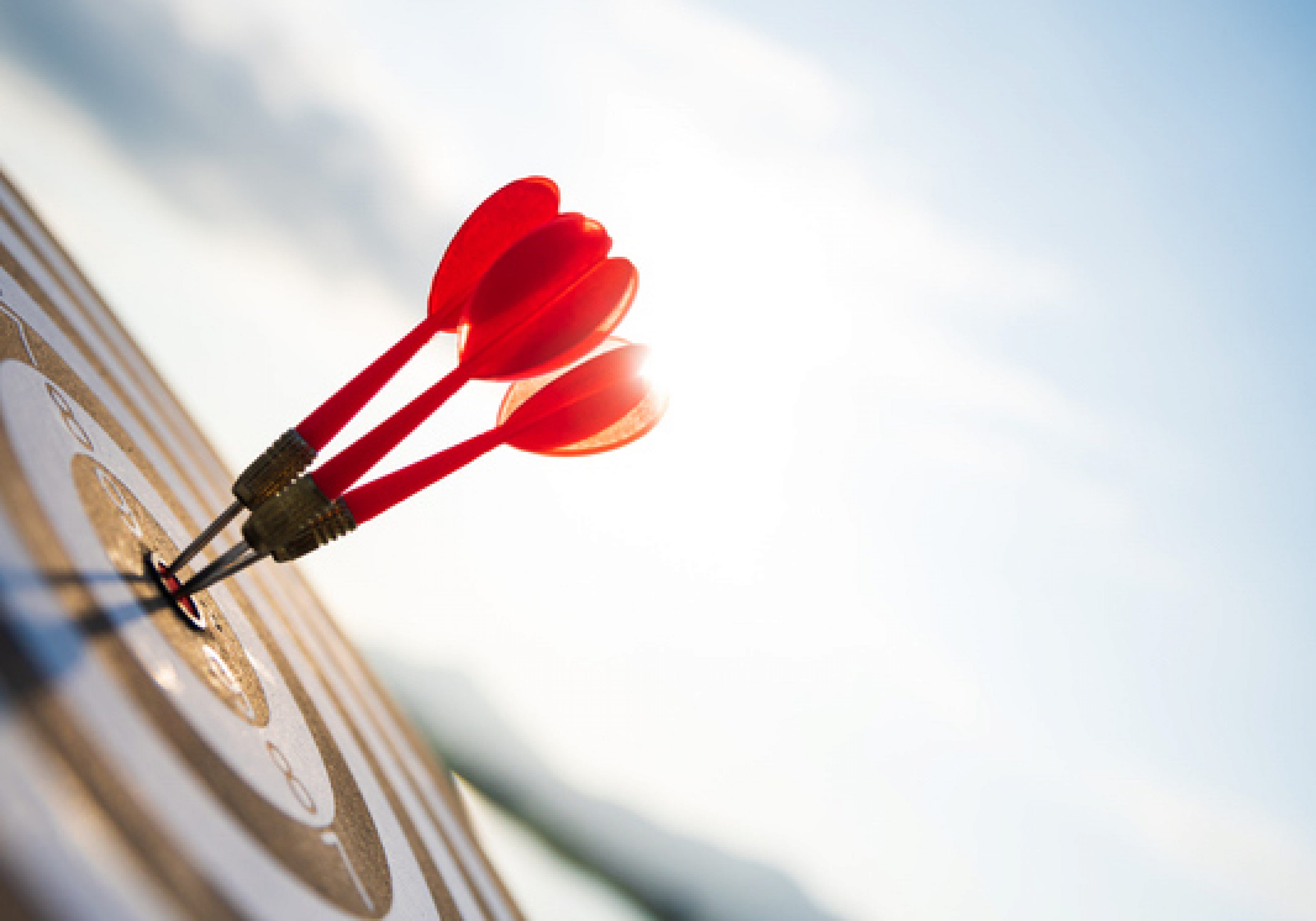 Close up shot of red darts arrows in the target centre. Business target, focus, goal success and winner concept.